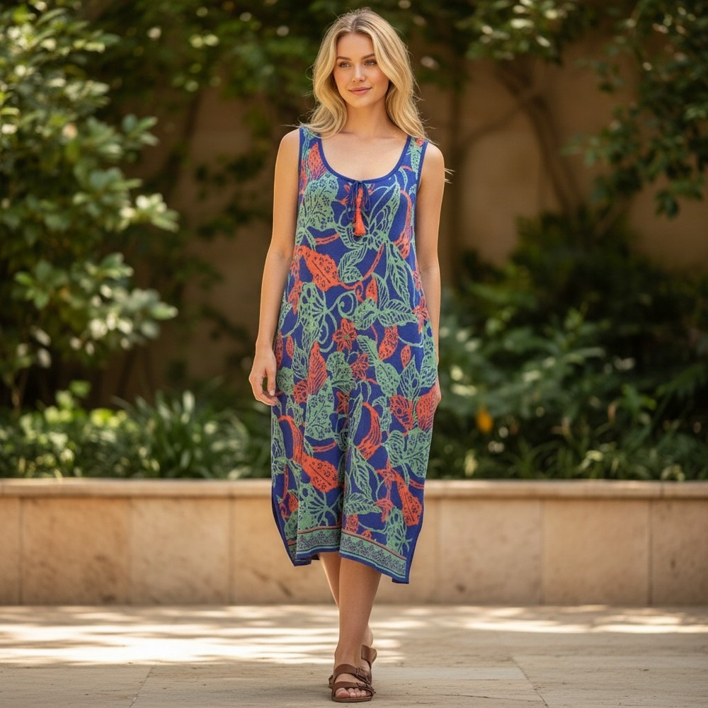 Peruvian Connection Blue Floral Pima Cotton Knit‎ Sleeveless Midi Dress Small